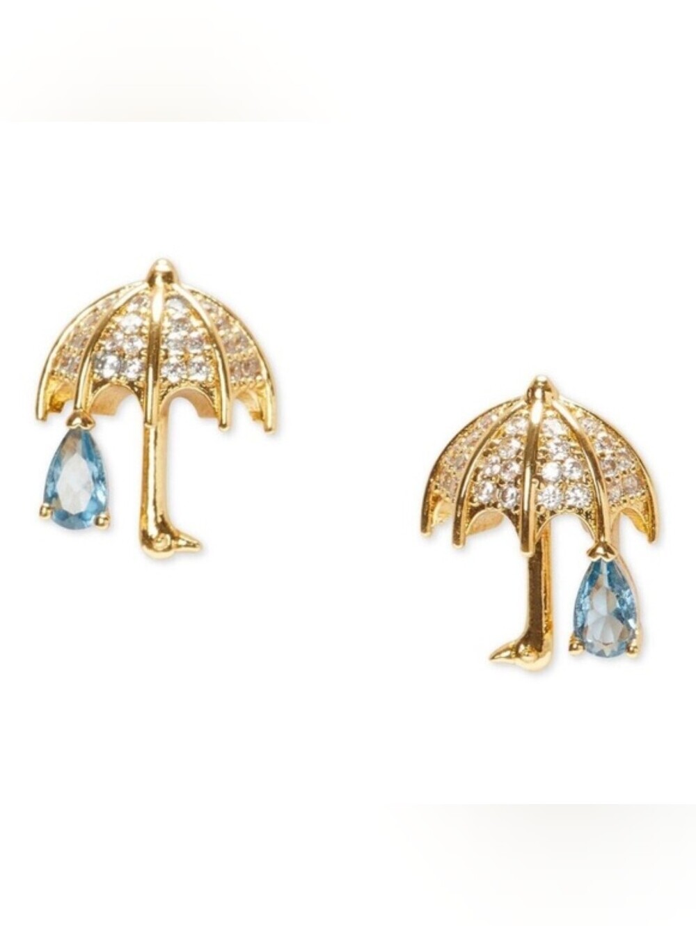 NWT Kate Spade Rain or Shine Gold Umbrella Stud Earrings with Blue Crystal Drops